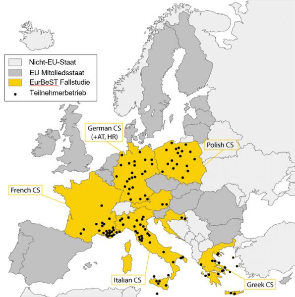 Abb. 3: EurBeST Fallstudienländer (in gelb) mit Punkten, die die Position der 130 Prüfstände markieren. Die deutsche Studie schloss Stände in Österreich und Kroatien ein, und die italienische umfasste eine separate kleinere Studie in Sizilien