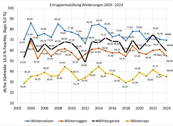 Liniendiagramm, welches die hessenweit durchschnittlichen absoluten Hektarerträge von Winterweizen, Winterroggen, Wintergerste und Winterraps in den Jahren 2003 - 2024 darstellt. Es zeigt sich, dass die Erntemengen in 2024 für alle Winterungen unter dem 12-Jahresdurchschnitt liegen.