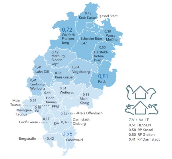 Hessenkarte: Regionaler Viehbesatz in Hessen in Großvieheinheiten pro Hektar landwirtschaftlich genutzter Fläche