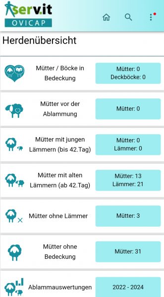Screenshot aus dem Management-Tool für Schafe und Ziegen; es zeigt die Herdenübersicht