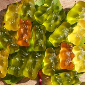 Auf dem Foto sieht man in Form von Gummibärchen ein grünes Blatt mit vielen „Chloris“ und wenigen „Xanthos“ und „Carottis“. Dem Betrachter erscheint das Blatt insgesamt grün, obwohl auch gelbe und orangefarbene Farbstoffe enthalten sind.