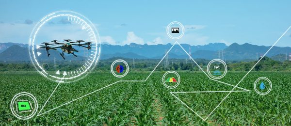 Drohne überfliegt landwirtschaftliche Flächen; im Hintergrund Berge; im Vordergrund verschiedene Grafikelemente