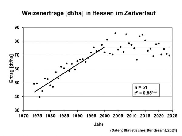 Abb. 1: Hessische Winterweizenerträge im Zeitverlauf (Quelle: Statistisches Bundesamt, 2024)