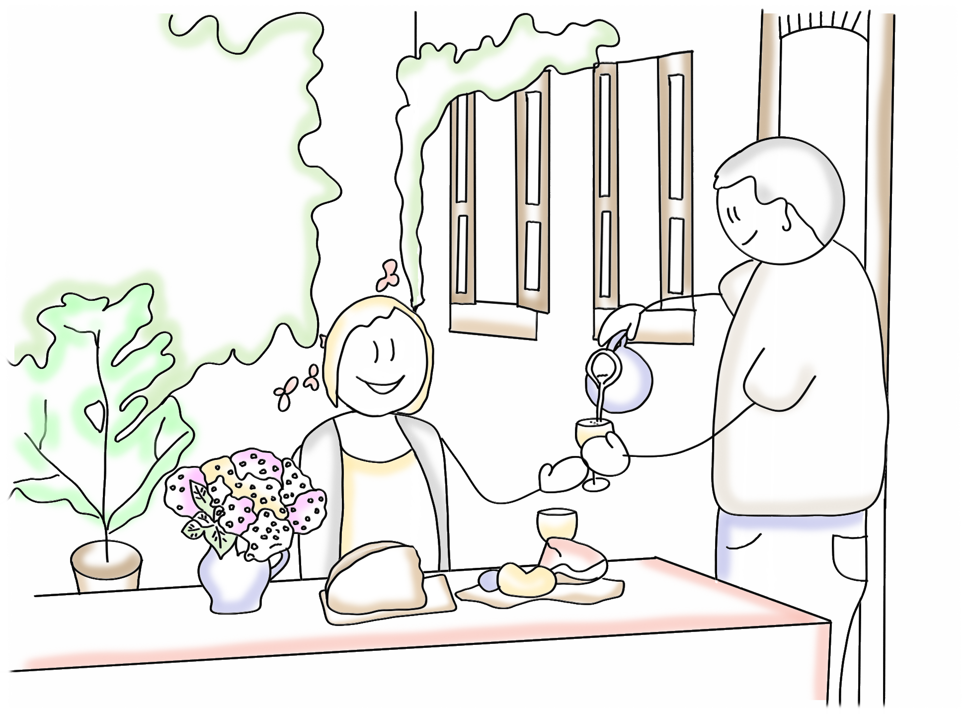 Ein Sketchnote auf dem eine Person an einem gedeckten Tisch mit Essen und Trinken sitzt. Auf dem Tisch stehen bunte Blumen und der Kellner serviert ein Getränk.
