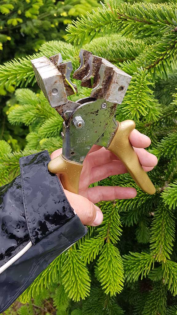 eine Hand hält eine geöffnete Top-Stopp-Zange; im Hintergrund eine Tanne