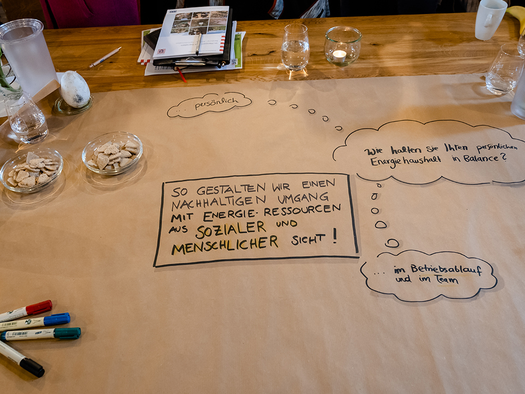 Papierbogen mit handschriftlich geschriebenen Stickpunkten liegt auf einem Tisch; links vorne Stifte; weiter hinten Schälchen mit Gebäck