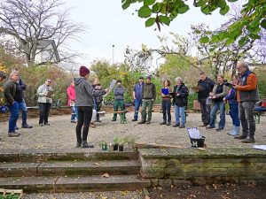 Personengruppe steht im Kreis in einem Park und hört einer Rednerin zu.