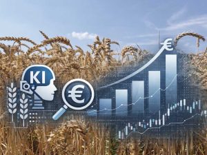 Feld mit reifem Weizen im Hintergrund; im Vordergrund verschiedene Grafikelemente (Lupe, Euro, Getreideähren; Kopf, Balkendiagramm(