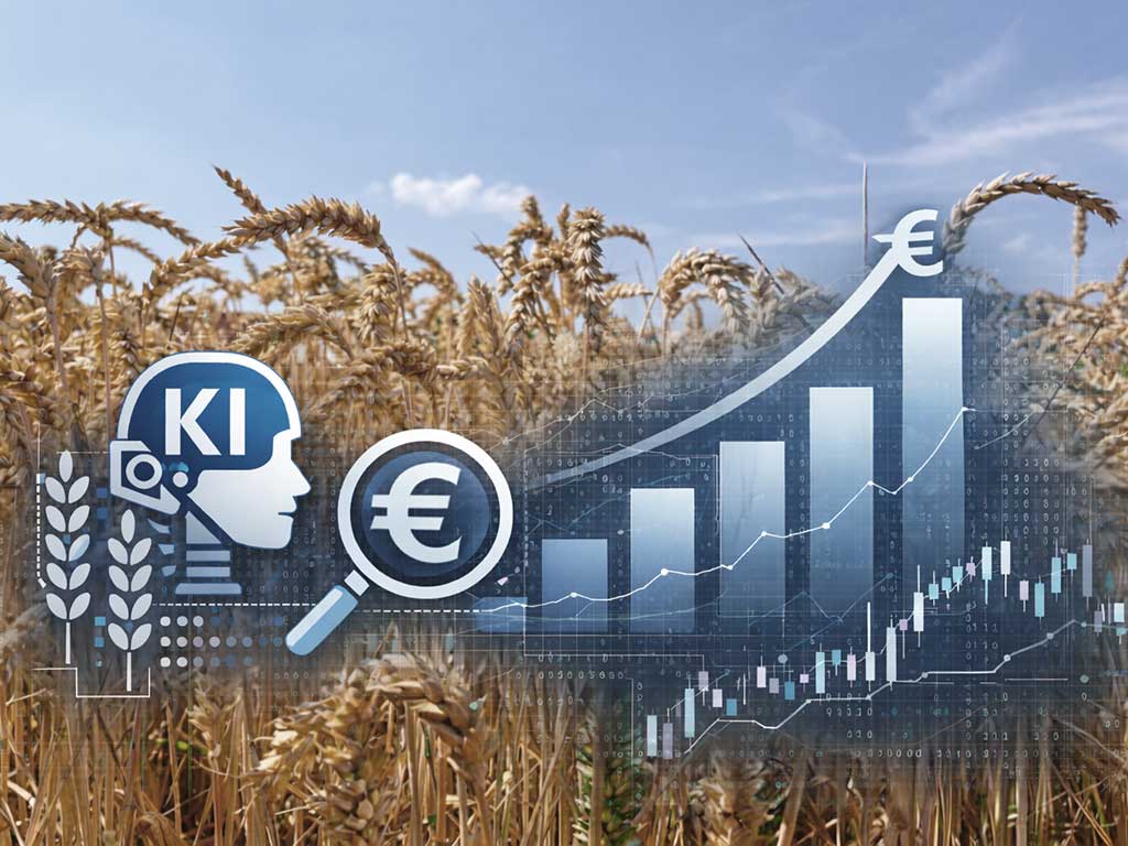 Feld mit reifem Weizen im Hintergrund; im Vordergrund verschiedene Grafikelemente (Lupe, Euro, Getreideähren; Kopf, Balkendiagramm(