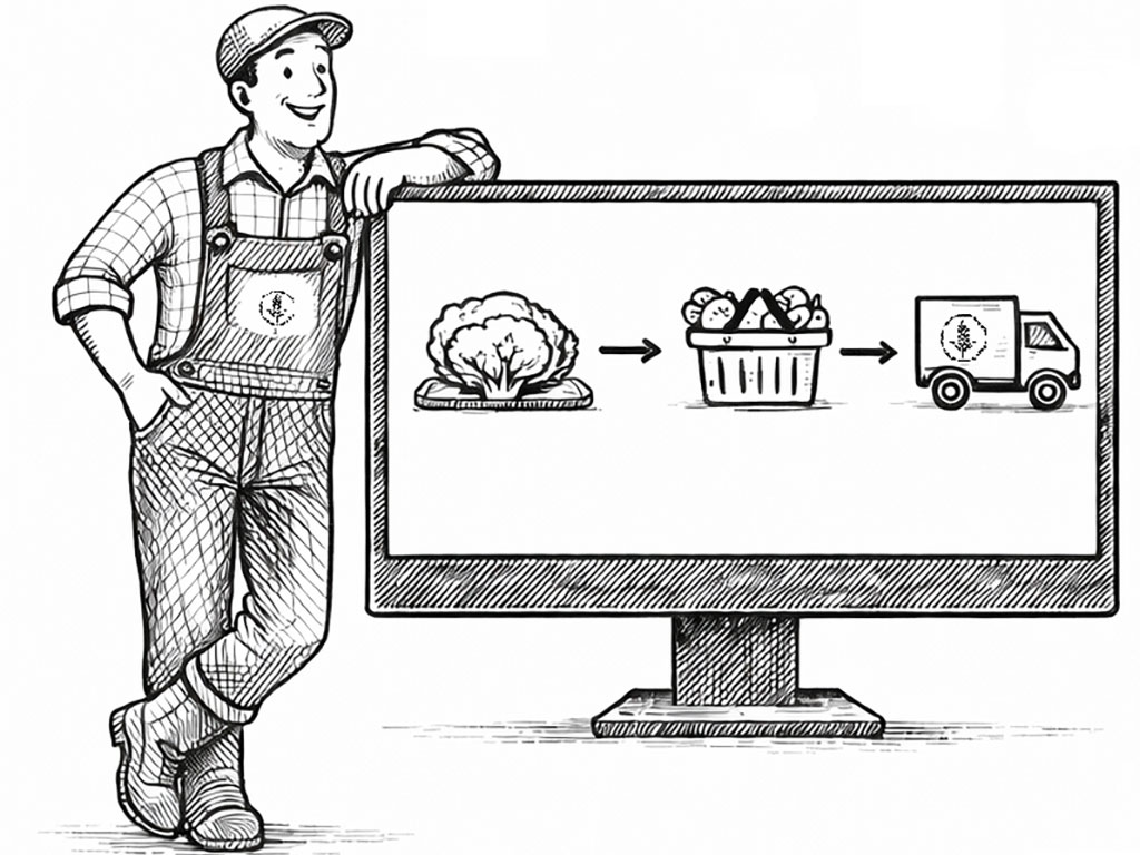 eine Mann mit Latzhose lehnt auf einem Monitor auf dem ein Lieferfahrzeug und verschiedene landwirtschaftliche Produkte zu sehen sind
