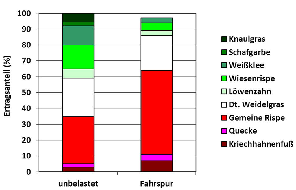 Abbildung 1: Ertragsanteil (%) von Bestandsbildnern des zweiten Aufwuchses einer Silofläche in Abhängigkeit von der Bodenbelastung beim ersten Schnitt (Neff, LLH)