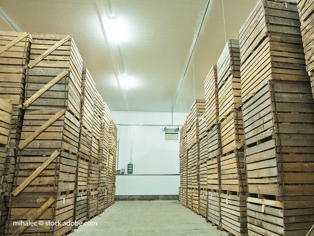 gestapelte Holzkisten in einem Kühlhaus