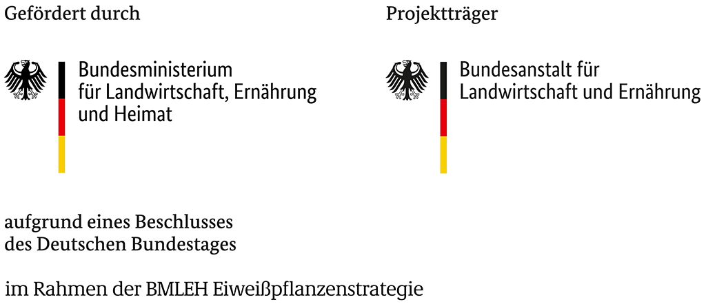Förderlogo: Gefördert durch Bundesministerium für Landwirtschaft, Ernährung und Heimat; Projektträger Bundesanstalt für Landwirtschaft und Ernährung im Rahmen der Eiweißpflanzenstrategie