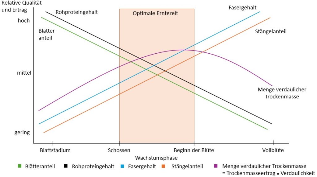 Grafik: Effekte der Pflanzenreife auf die Inhaltsstoffe und idealer Schnittzeitpunkt