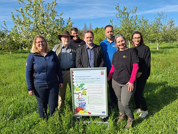 Personengruppe mit Plakat auf einer Streuobstwiese, der Himmel ist blau.