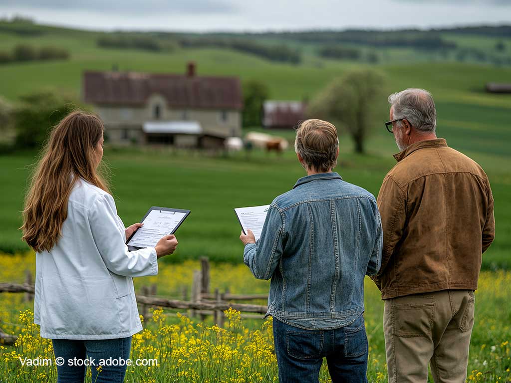 3 Personen (eine Frau und zwei Männer) stehen mit dem Rücken zum Fotografen vor einer landwirtschaftlichen Fläche mit gelb blühendem Feldrand; 2 der Personen halten ein Klemmbrett mit Notizen in den Händen; im Hintergrund ist ein Gebäude zu sehen