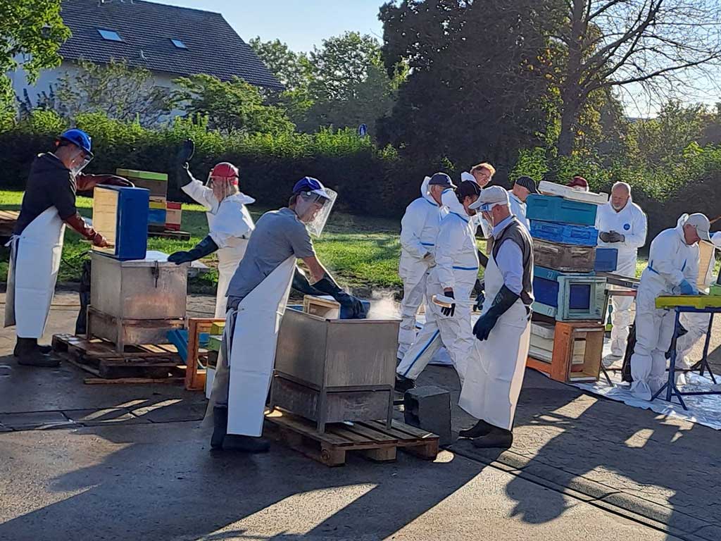 Eine Gruppe von Menschen reinigt Imkereimaterial.