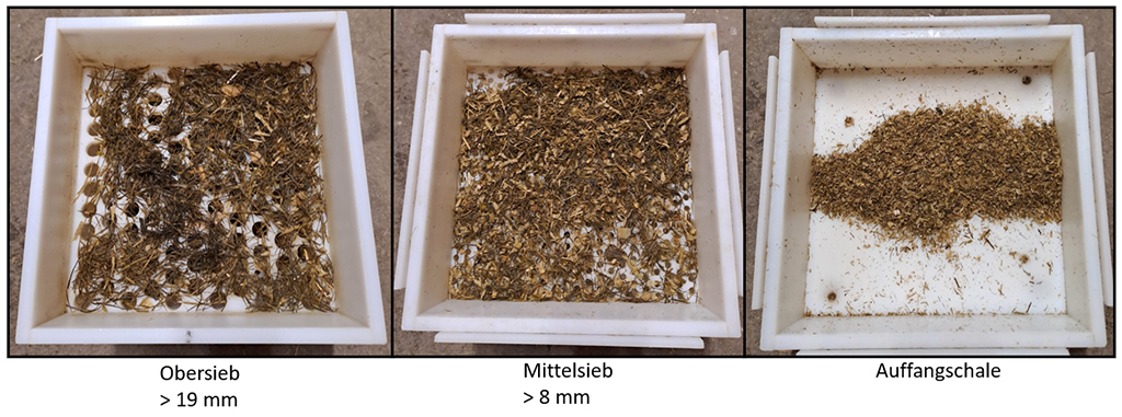 Obersieb, Mittelsieb und Auffangschale einer Schüttelbox mit Inhalt
