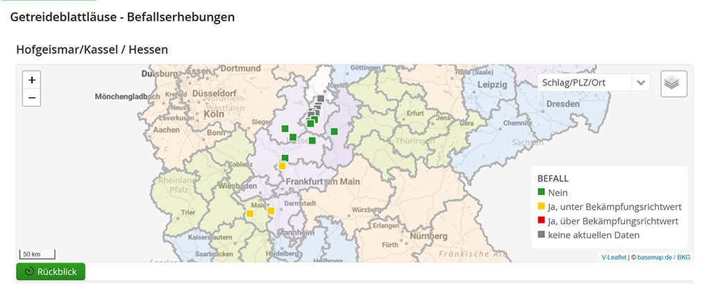 Kartenansicht auf ISIP.de zu den Erhebungen der Getreideblattläuse: Anhand der Einfärbungen der auf der Karte dargestellten Befallserhebungen, lässt sich erkennen, ob gewisse Bekämpfungsrichtwerte überschritten wurden.