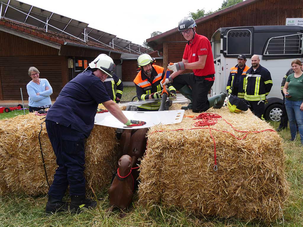 Ein Mann kniet auf einem Strohballen und trainiert gemeinsam mit Feuerwehrkräften die Rettung eines auf dem Rücken liegenden Pferdedummys.
