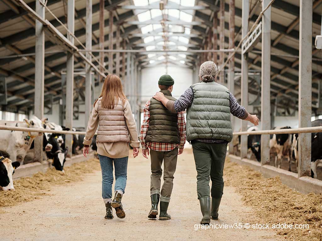 eine ältere Landwirtin läuft mit 2 Jugendlichen durch einen Kuhstall