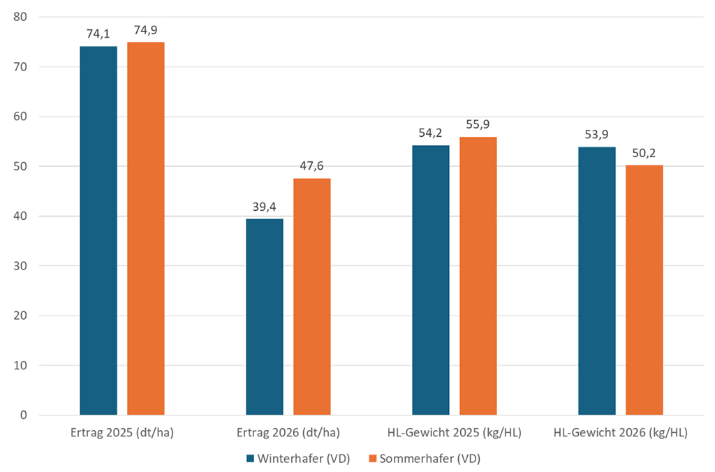 Abb. 1: Ertrag und Hektolitergewicht, Versuchsdurchschnitt Öko Winter- und Sommerhafer 2025 und 2026, Standort Alsfeld-Liederbach
