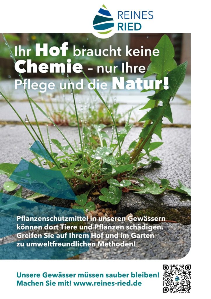 Beikräuter in Pflasterfugen unter der Überschrift „Ihr Hof braucht keine Chemie – nur Ihre Pflege und die Natur!“, Unterschrift „Pflanzenschutzmittel in unseren Gewässern können dort Tiere und Pflanzen schädigen. Greifen Sie auf Ihrem Hof und im Garten zu umweltfreundlichen Methoden!“