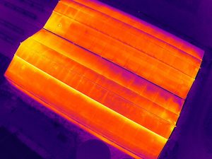 Falsch-Farben-Darstellung eines Gewächshauses. Die dunkleren Farben weisen auf kältere Bereiche, die orange/gelben Farbtöne auf wärmere.